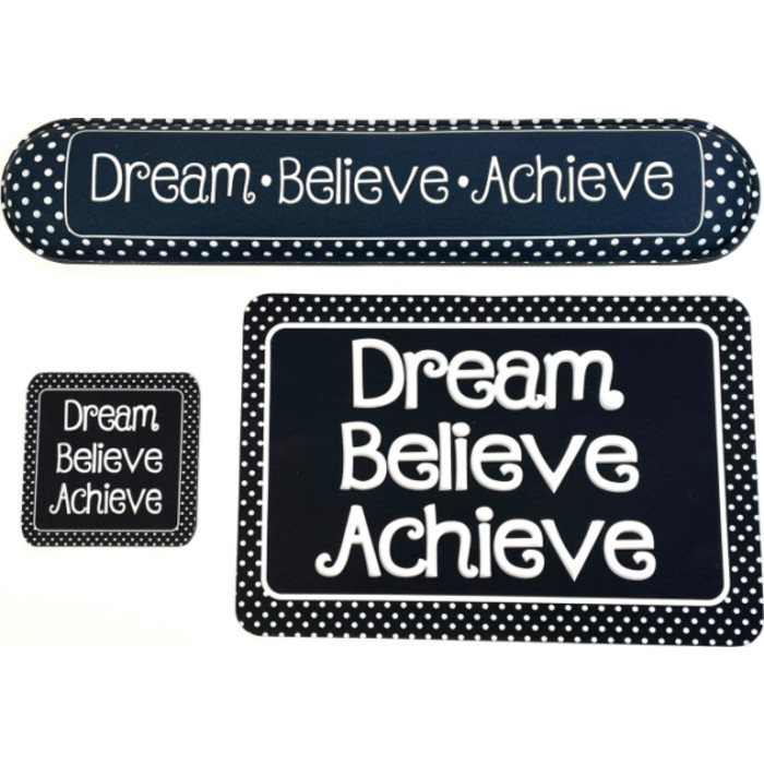 The Original Fun Mat&reg; Computer Desk Mats, Set of 3, (1) Mouse Pad, (1) Keyboard Wrist Pad, (1) Coaster, Dream, Believe, Achieve, Black with White Dots