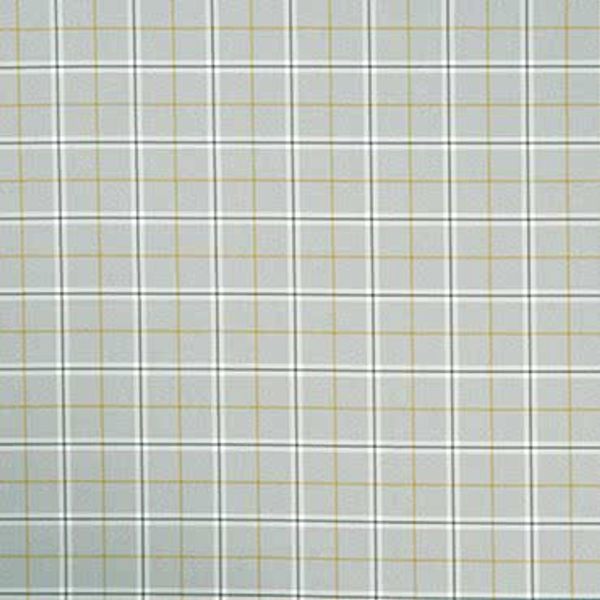 Light-gray plaid fabric with thin white, black, and pale mustard grid lines; lying flat and covering the frame; close-up, evenly lit, showing a repeating square pattern without visible surroundings.