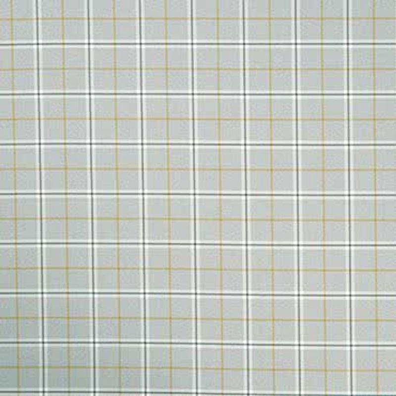 Light-gray plaid fabric with thin white, black, and pale mustard grid lines; lying flat and covering the frame; close-up, evenly lit, showing a repeating square pattern without visible surroundings.