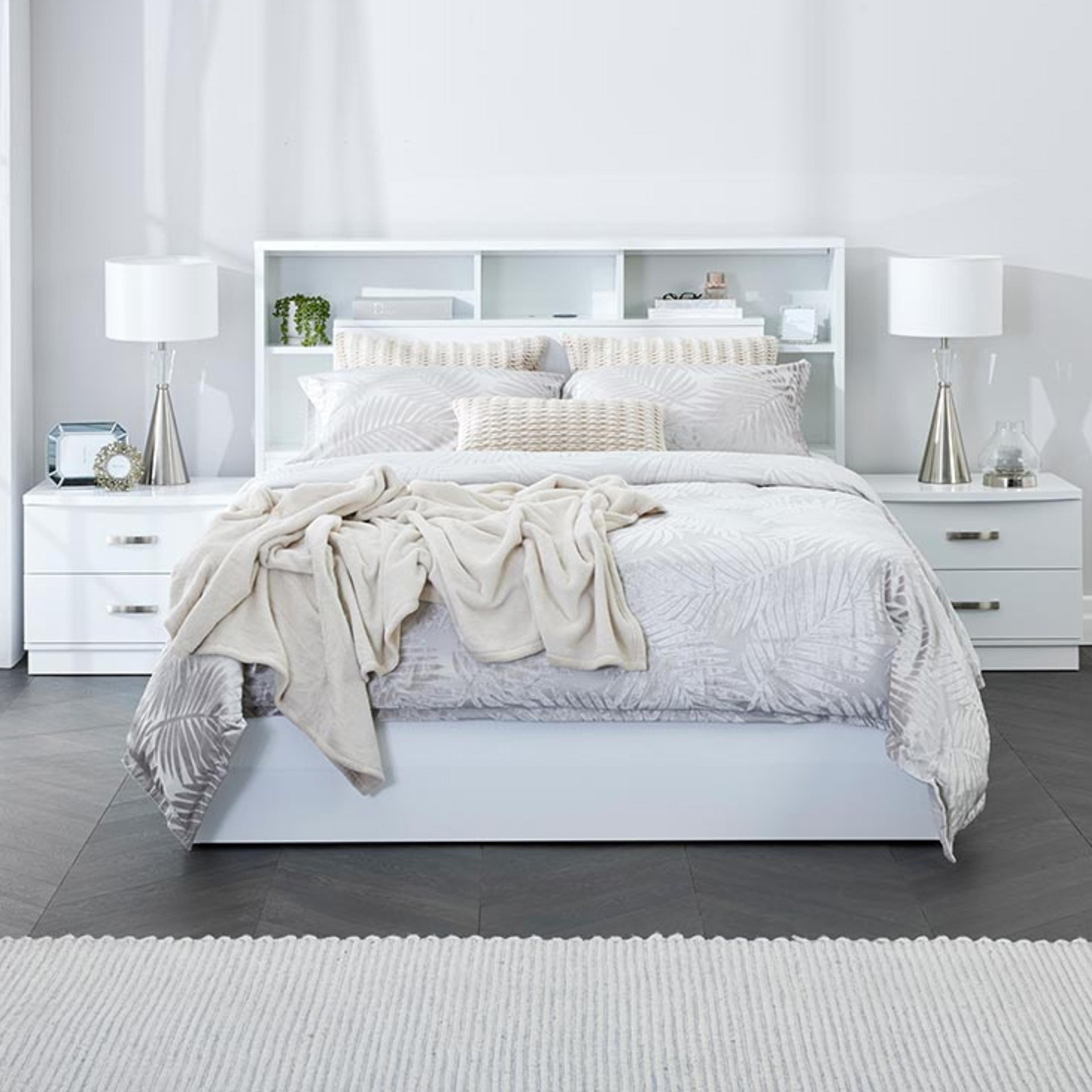 Lifestyle image of the  Argo Bed Frame, Gas Lift & End Drawer Base, Gloss White from Forty Winks