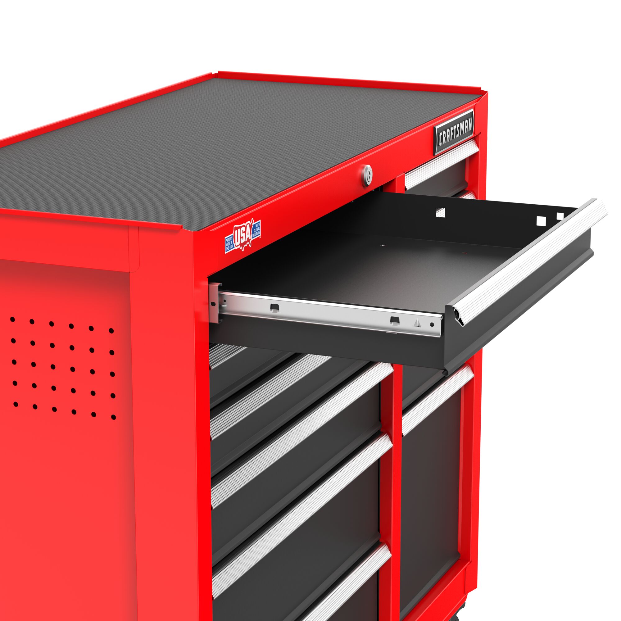 Embossed top mat for surface protection feature of 41 inch 10 drawer rolling tool cabinet.