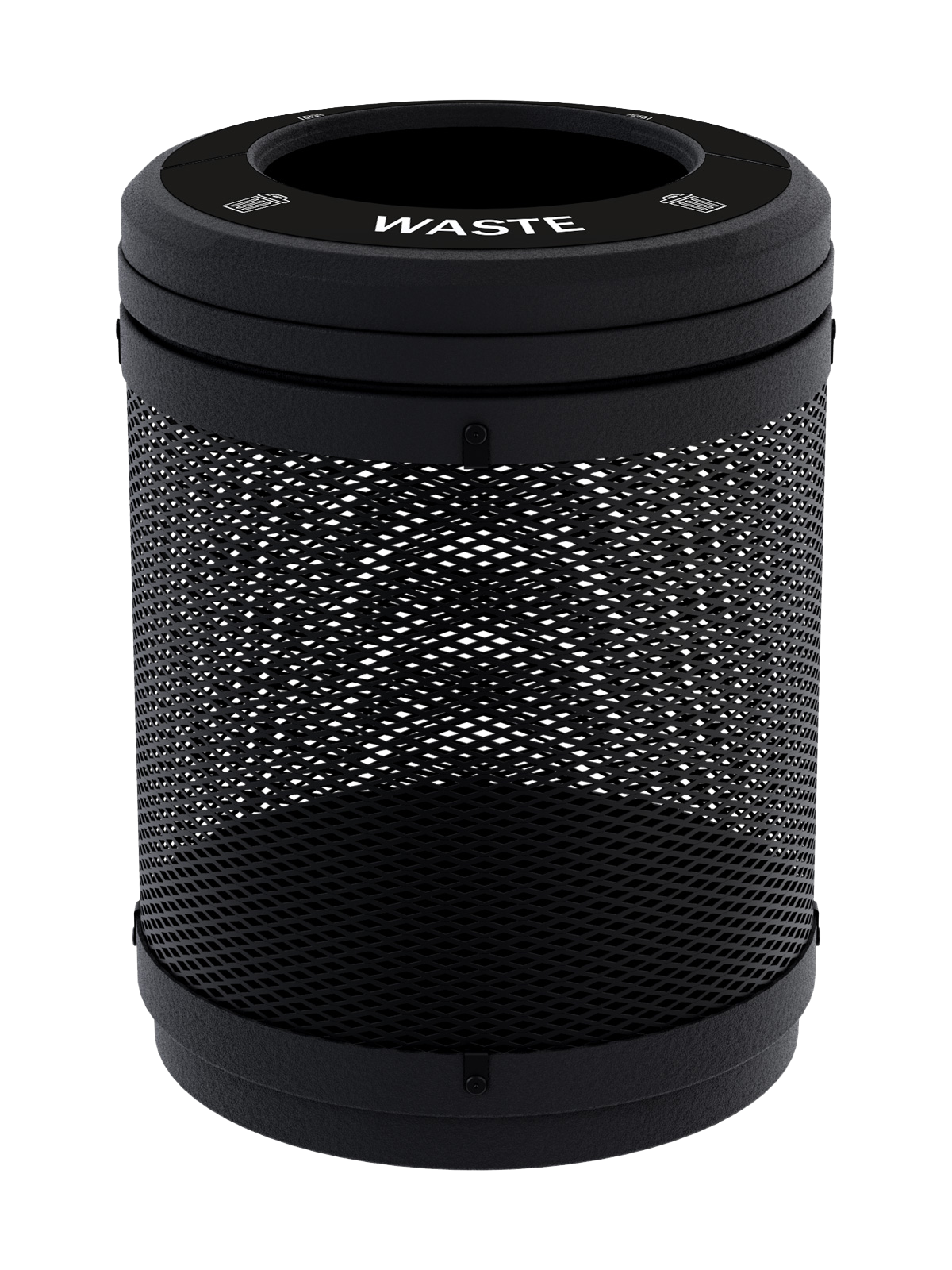 metal mesh body waste container with black plastic lid and base for visible collection and security shown with stock waste labels