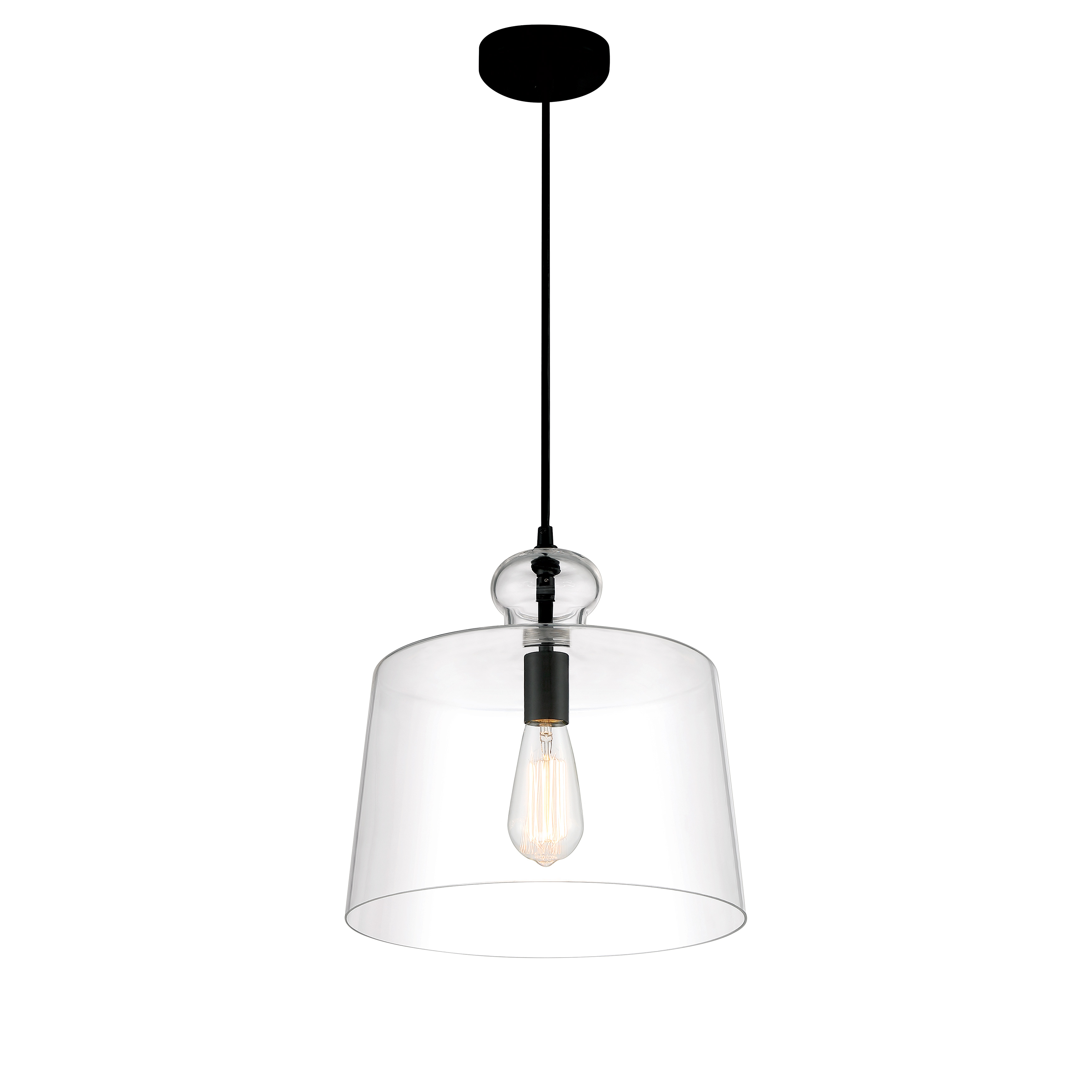 The Clarity pendant combines sleek modern design with industrial charm through its coal black steel frame and clear glass shade. At 13 inches wide, it's perfectly sized for intimate spaces or grouped installations. - alternate view