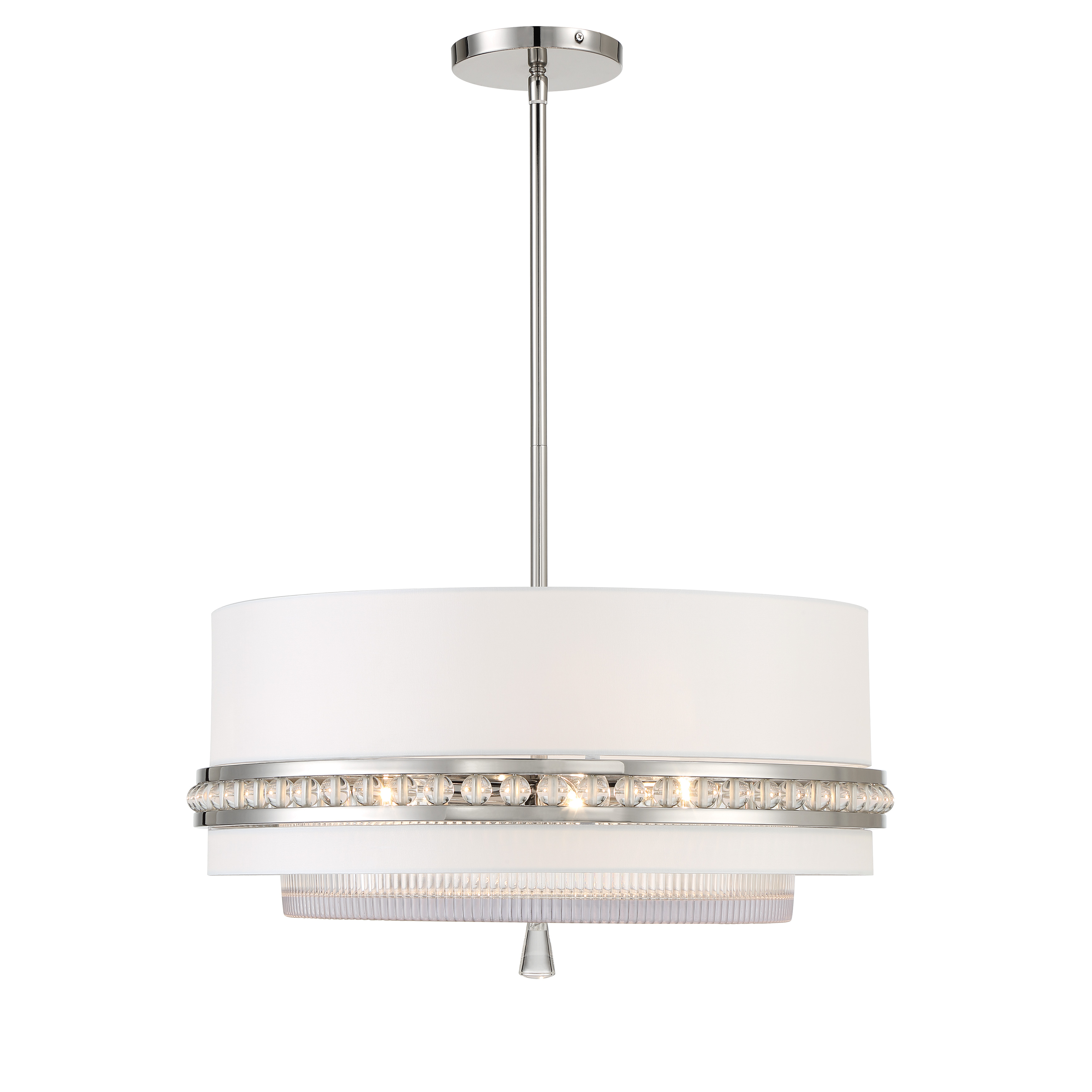 Robin Baron's Sutton pendant combines traditional elegance with contemporary refinement. The polished nickel finish and white silk fabric shade with clear ribbed glass create a sophisticated focal point perfect for formal and casual spaces alike. - alternate view
