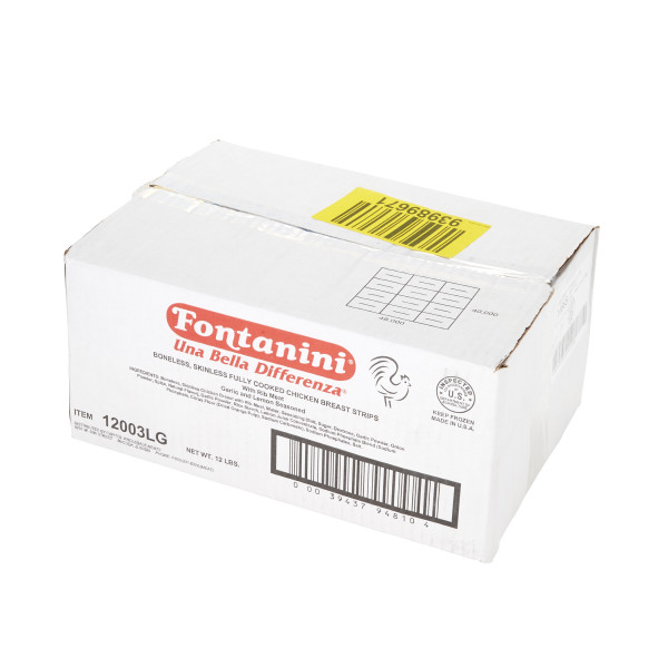 FONTANINI(r) Chicken Breast Strips, Skinless, Boneless, Cooked, 2/6 lb . C1RA - Front Right Closed Case (Hi Res)