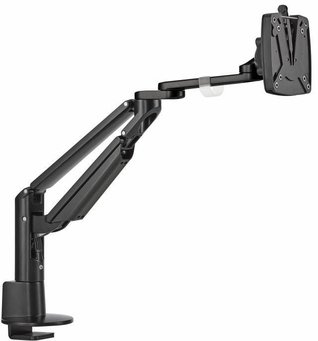 The Novus CLU Plus monitor arm in black at its highest viewing level.