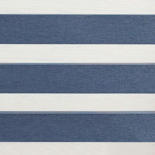 Zebra roller blind with wide navy-blue textured and white sheer horizontal bands, alternating to filter light, mounted indoors under soft ambient lighting with no visible outside view.