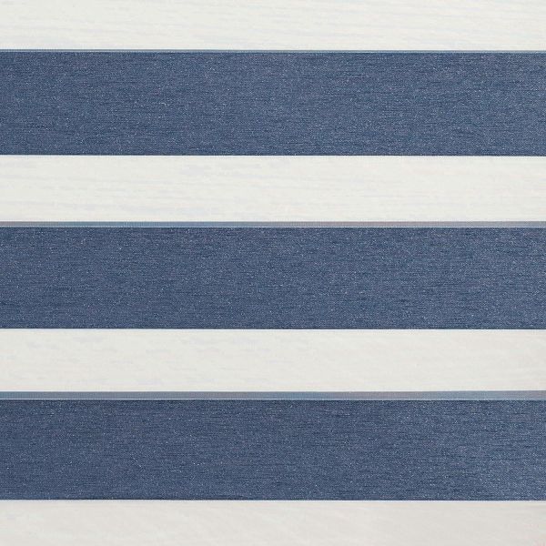 Zebra roller blind with wide navy-blue textured and white sheer horizontal bands, alternating to filter light, mounted indoors under soft ambient lighting with no visible outside view.