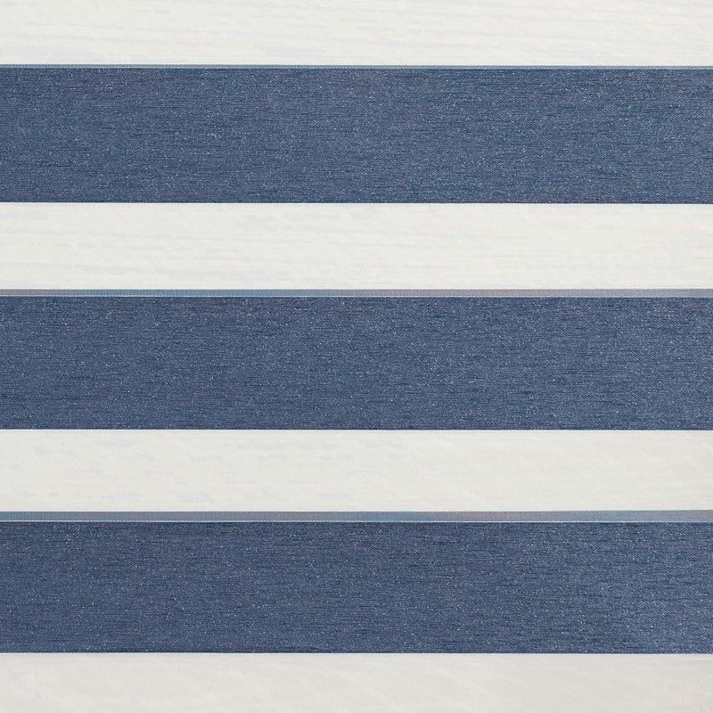 Zebra roller blind with wide navy-blue textured and white sheer horizontal bands, alternating to filter light, mounted indoors under soft ambient lighting with no visible outside view.