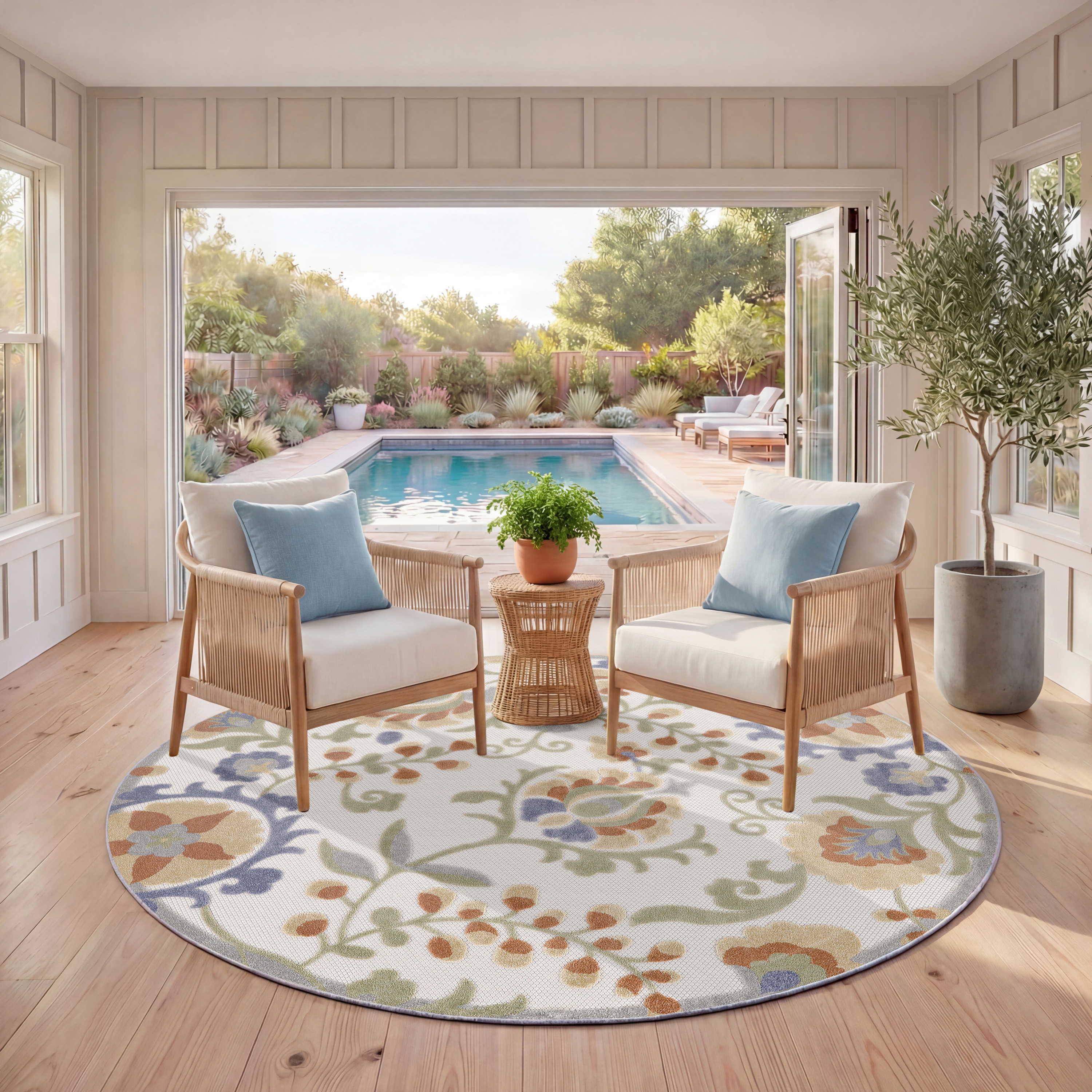 Nourison Aloha 5'3" x Round Ivory Blue Outdoor Rug