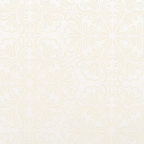 Decorative cream damask wallpaper â€” repeating stylized floral motifs â€” covering a wall; softly textured and subtly embossed; neutral interior lit by even, diffused light with no furniture visible.