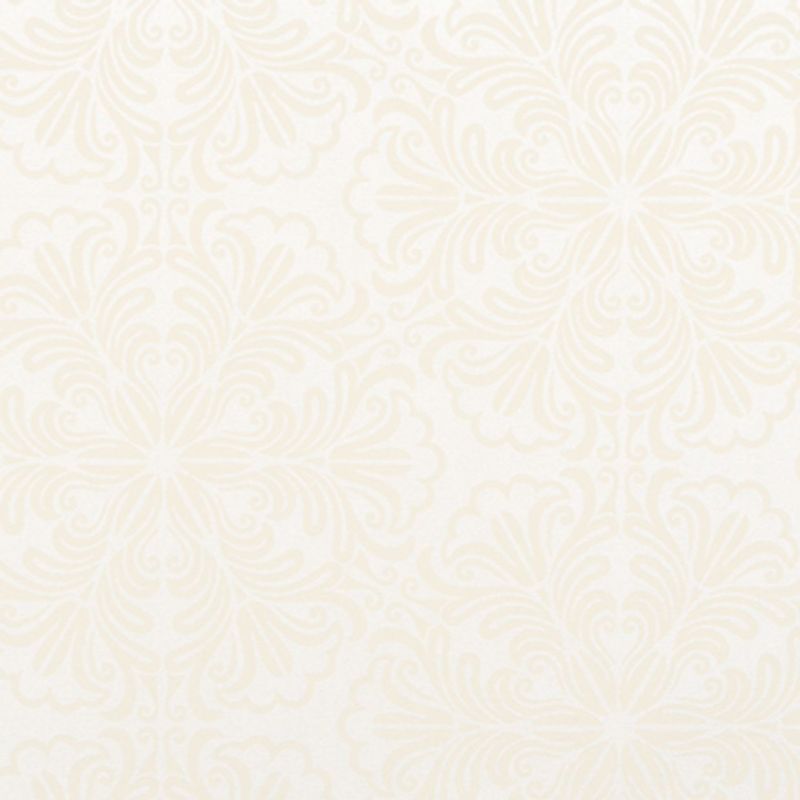 Decorative cream damask wallpaper â€” repeating stylized floral motifs â€” covering a wall; softly textured and subtly embossed; neutral interior lit by even, diffused light with no furniture visible.
