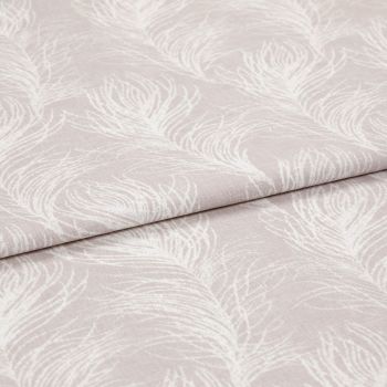 Folded pale blush fabric with white feather print (curtain/ upholstery textile), displayed flat; folds emphasize texture and repeating feather motif, shown under soft, even studio lighting.