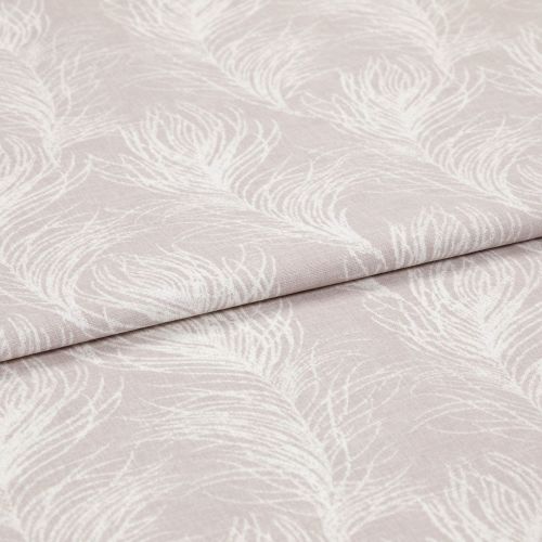 Folded pale blush fabric with white feather print (curtain/ upholstery textile), displayed flat; folds emphasize texture and repeating feather motif, shown under soft, even studio lighting.