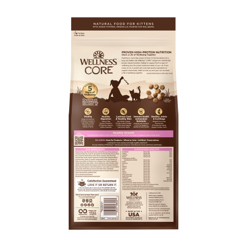 Wellness CORE Grain Free Kitten Deboned Turkey, Turkey Meal & Deboned Chicken back packaging