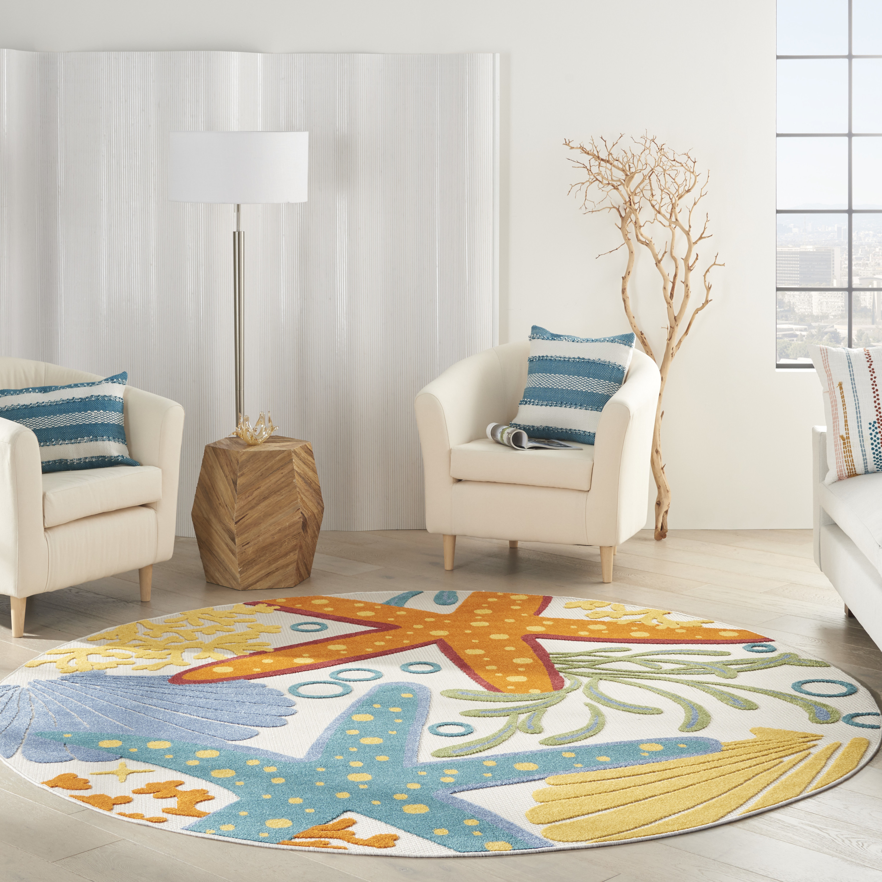 Nourison Aloha 7'10" x Round Multicolor Coastal, Nautical & Beach Rug