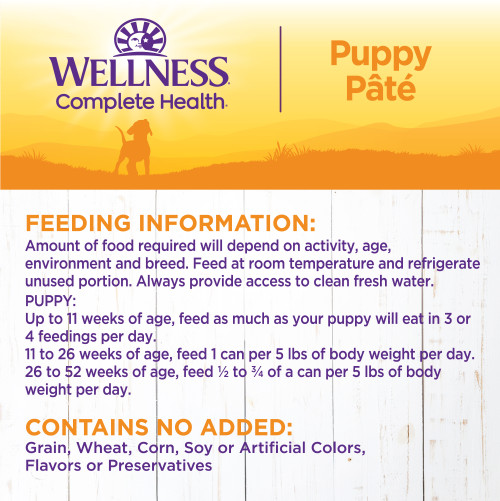 <p>Amount of food required will depend on activity, age, environment and breed. Feed at room temperature and refrigerate unused portion. Always provide access to clean fresh water.  </p>
<p>Puppy:<br />
Up to 11 weeks of age, feed as much as your puppy will eat in 3 or 4 feedings per day.<br />
11 to 26 weeks of age, feed 1 can per 5 lbs of body weight per day.<br />
26 to 52 weeks of age, feed ½ to ¾ of a can per 5 lbs of body weight per day.</p>
