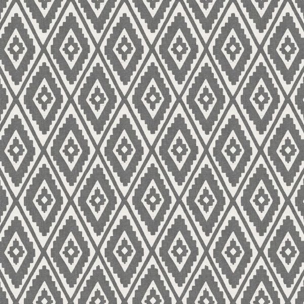 Gray-and-white geometric diamond wallpaper covering a flat surface, repeating stepped motifs in a tight grid; appears textured woven, neutral lighting, suitable as interior wall or upholstery fabric.
