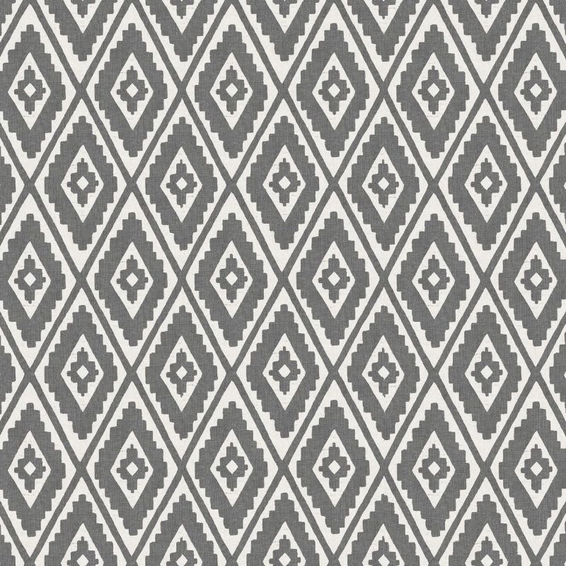 Gray-and-white geometric diamond wallpaper covering a flat surface, repeating stepped motifs in a tight grid; appears textured woven, neutral lighting, suitable as interior wall or upholstery fabric.