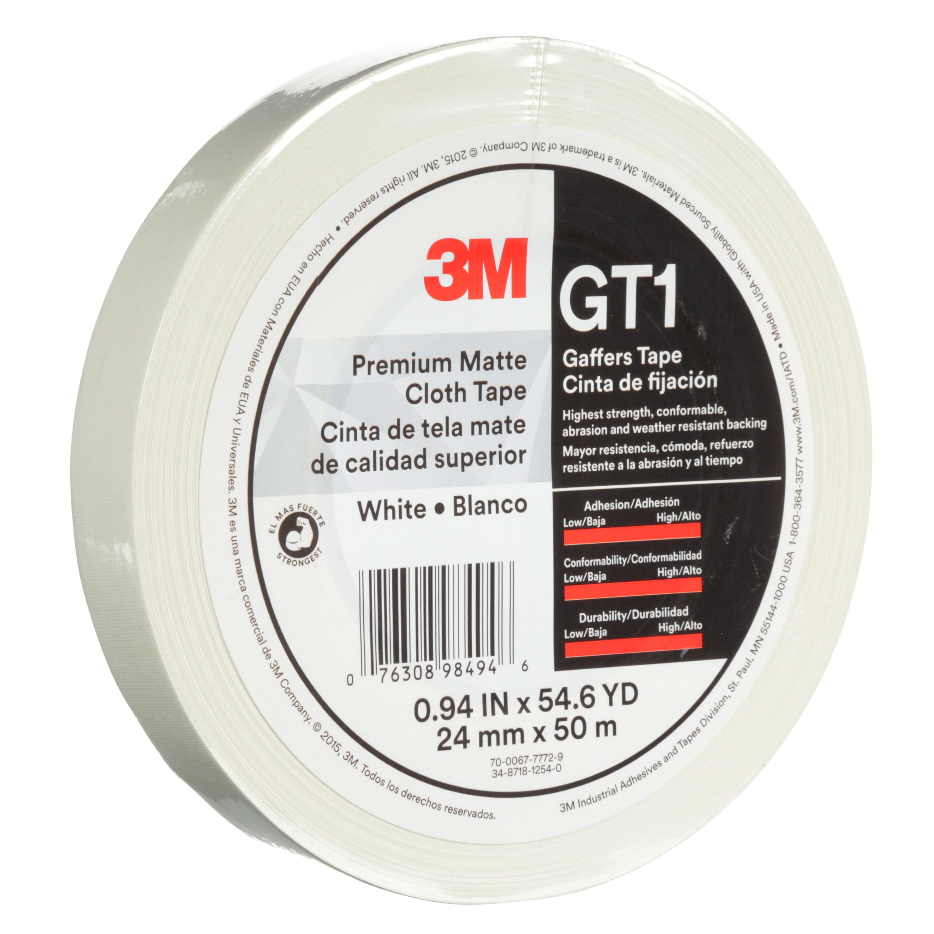 3M™ Premium Matte Cloth (Gaffers) Tape GT1, White, 24 mm x 50 m, 11 mil,
48 per case