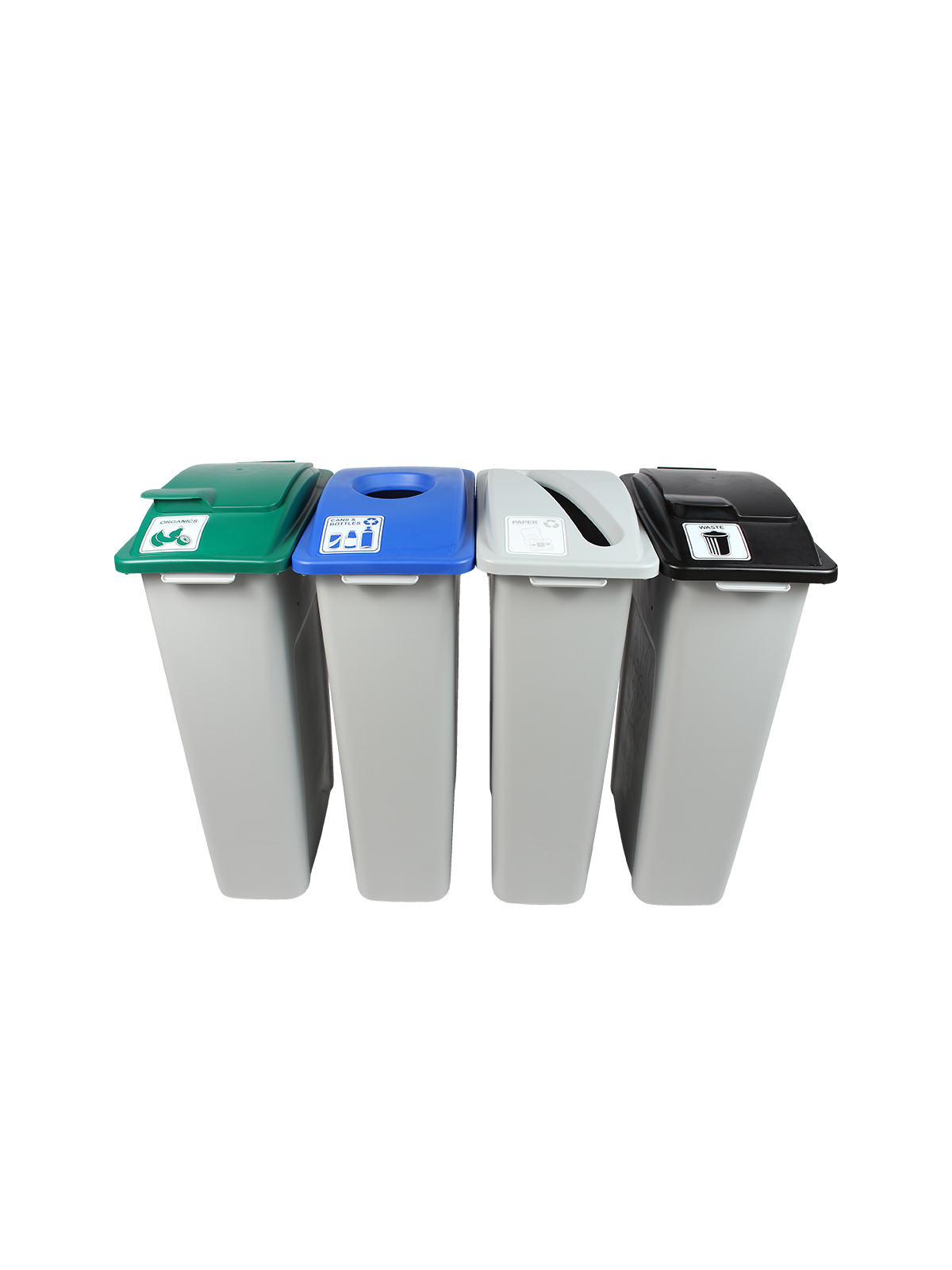 WASTE WATCHER – Quad – Kit – Cans & Bottles-Paper-Compost-Waste – Circle-Slot-Solid Lift-Solid Lift – Grey-Blue-Grey-Green-Black