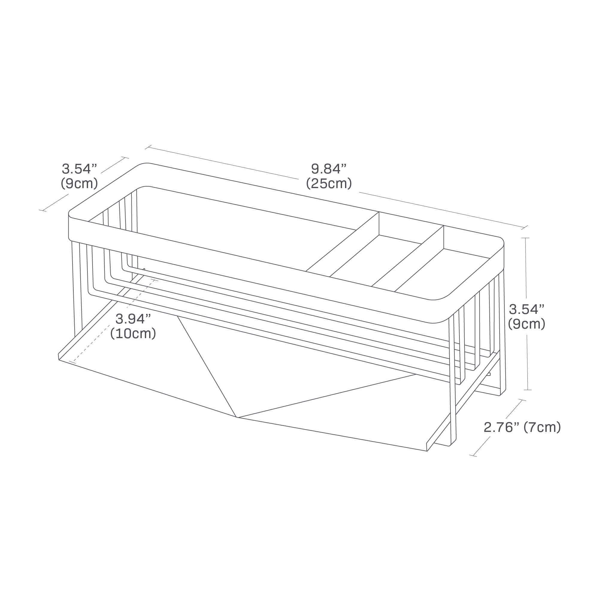 montrant une largeur de 9,84 ", une largeur supérieure de 3,54 ", une hauteur de 3,54 ", une largeur inférieure de 2,76 ", et une largeur de 3,94 ", égouttoir compris.
