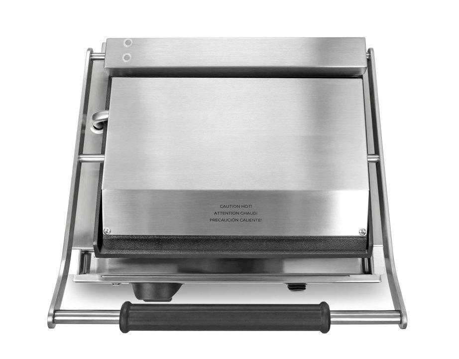 120-volt single panini sandwich grill with cast-iron flat plates and NEMA 5-15P Plug