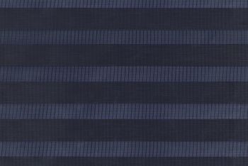 Zebra-style horizontal blinds with alternating opaque dark and sheer fine-mesh stripes; aligned and partially filtering daylight; covering a window, creating cool, even, dim ambient light.