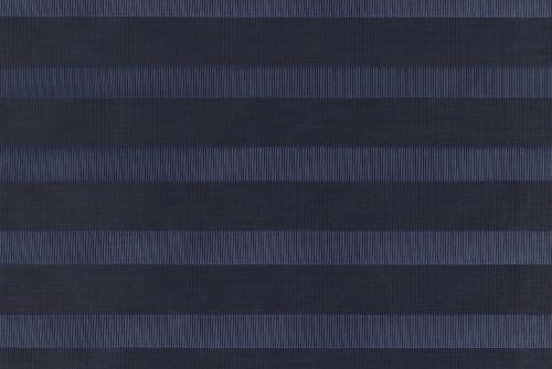 Zebra-style horizontal blinds with alternating opaque dark and sheer fine-mesh stripes; aligned and partially filtering daylight; covering a window, creating cool, even, dim ambient light.