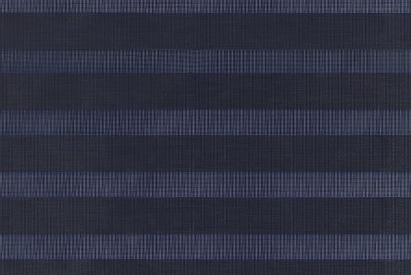 Zebra-style horizontal blinds with alternating opaque dark and sheer fine-mesh stripes; aligned and partially filtering daylight; covering a window, creating cool, even, dim ambient light.