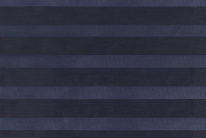 Zebra-style horizontal blinds with alternating opaque dark and sheer fine-mesh stripes; aligned and partially filtering daylight; covering a window, creating cool, even, dim ambient light.