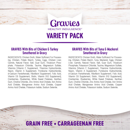 <p>Chicken & Turkey:<br />
Chicken Broth, Water Sufficient For Processing, Chicken, Potato Starch, Turkey, Eggs, Chicken Liver, Carrots, Natural Flavor, Salt, Guar Gum, Tricalcium Phosphate, Potassium Chloride, Taurine, Magnesium Sulfate, Vitamins [Vitamin E Supplement, Thiamine Hydrochloride, Niacin, Vitamin A Supplement, Pyridoxine Hydrochloride, d-Calcium Pantothenate, Riboflavin Supplement, Folic Acid, Vitamin D3 Supplement, Biotin, Vitamin B12 Supplement], Cranberries, Blueberries, White Sweet Potatoes, Xanthan Gum, Choline Chloride, Zinc Amino Acid Chelate, Iron Amino Acid Chelate, Manganese Amino Acid Chelate, Copper Amino Acid Chelate, Potassium Iodide, Sodium Selenite.</p>
<p>Tuna & Mackerel:<br />
Chicken Broth, Water Sufficient For Processing, Chicken, Potato Starch, Tuna, Mackerel, Eggs, Chicken Liver, Carrots, Natural Flavor, Salt, Guar Gum, Tricalcium Phosphate, Potassium Chloride, Taurine, Magnesium Sulfate, Vitamins [Vitamin E Supplement, Thiamine Hydrochloride, Niacin, Vitamin A Supplement, Pyridoxine Hydrochloride, d-Calcium Pantothenate, Riboflavin Supplement, Folic Acid, Vitamin D3 Supplement, Biotin, Vitamin B12 Supplement], Cranberries, Blueberries, White Sweet Potatoes, Xanthan Gum, Choline Chloride, Zinc Amino Acid Chelate, Iron Amino Acid Chelate, Manganese Amino Acid Chelate, Copper Amino Acid Chelate, Potassium Iodide, Sodium Selenite.</p>
