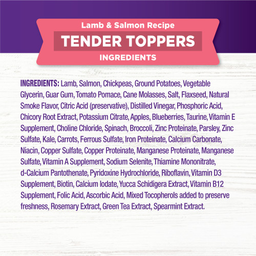 <p>Lamb, Salmon, Chickpeas, Ground Potatoes, Vegetable Glycerin, Guar Gum, Tomato Pomace, Cane Molasses, Salt, Flaxseed, Natural Smoke Flavor, Citric Acid (preservative), Distilled Vinegar, Phosphoric Acid, Chicory Root Extract, Potassium Citrate, Apples, Blueberries, Taurine, Vitamin E Supplement, Choline Chloride, Spinach, Broccoli, Zinc Proteinate, Parsley, Zinc Sulfate, Kale, Carrots, Ferrous Sulfate, Iron Proteinate, Calcium Carbonate, Niacin, Copper Sulfate, Copper Proteinate, Manganese Proteinate, Manganese Sulfate, Vitamin A Supplement, Sodium Selenite, Thiamine Mononitrate, d-Calcium Pantothenate, Pyridoxine Hydrochloride, Riboflavin, Vitamin D3 Supplement, Biotin, Calcium Iodate, Yucca Schidigera Extract, Vitamin B12 Supplement, Folic Acid, Ascorbic Acid, Mixed Tocopherols added to preserve freshness, Rosemary Extract, Green Tea Extract, Spearmint Extract.</p>
