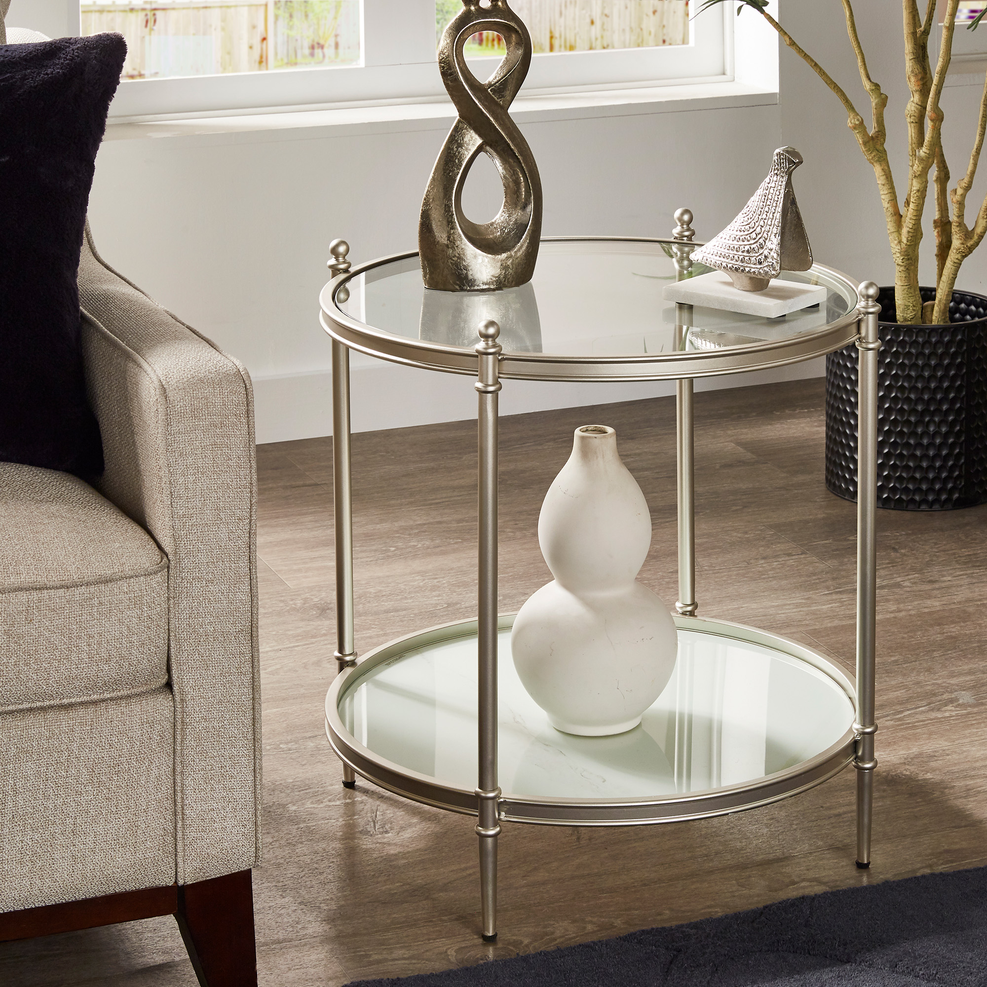 Champagne Silver Metal & Glass End Table