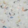 Watercolor-leaf wallpaper pattern; features scattered, multicolored leaves and thin stems in soft washes; set on a pale grey background, flat-lit decorative surface.