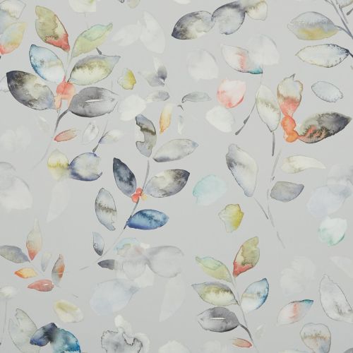 Watercolor-leaf wallpaper pattern; features scattered, multicolored leaves and thin stems in soft washes; set on a pale grey background, flat-lit decorative surface.