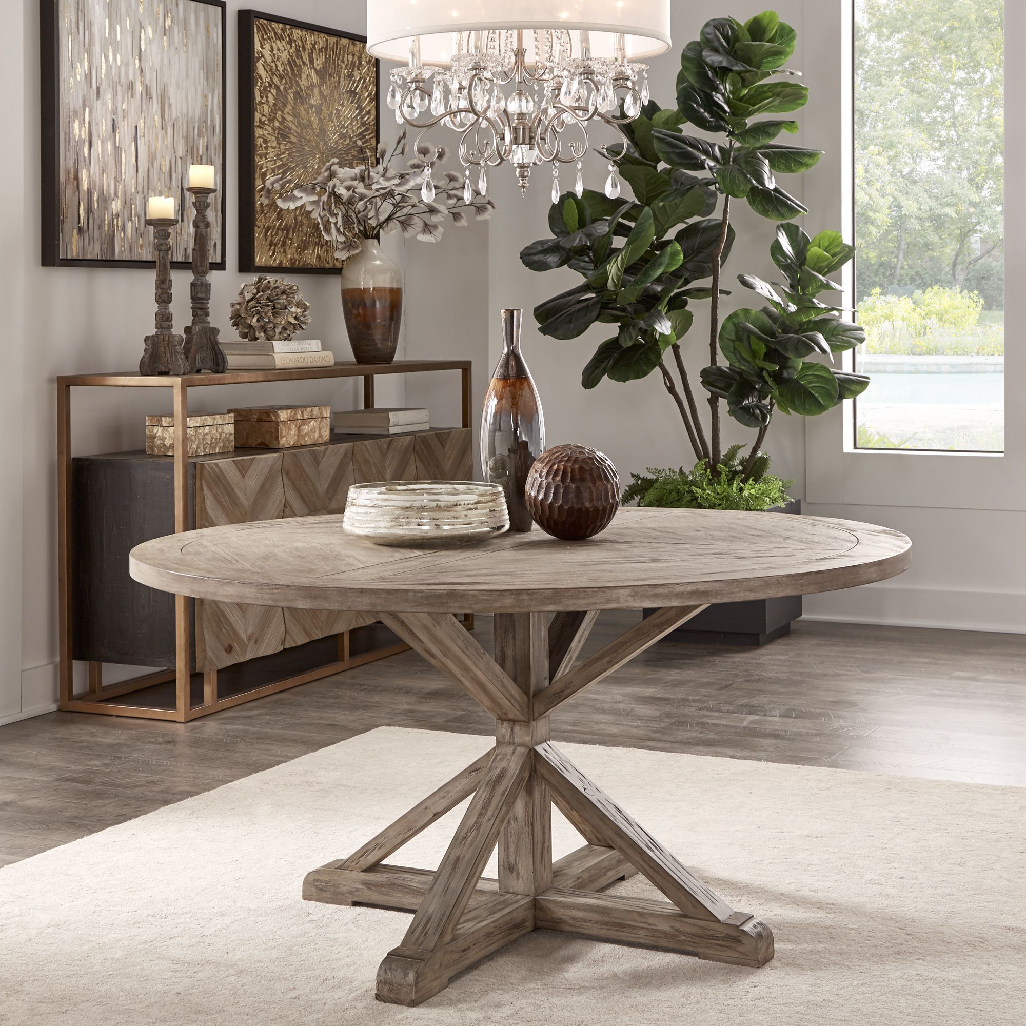 Rustic X-Base Round Pine Wood Dining Table
