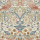 Symmetrical arrangement of stylized birds and large blooms woven into dense flowering vines on a repeating tapestry-like background; muted pink, blue, olive and beige palette evokes vintage wallpaper.