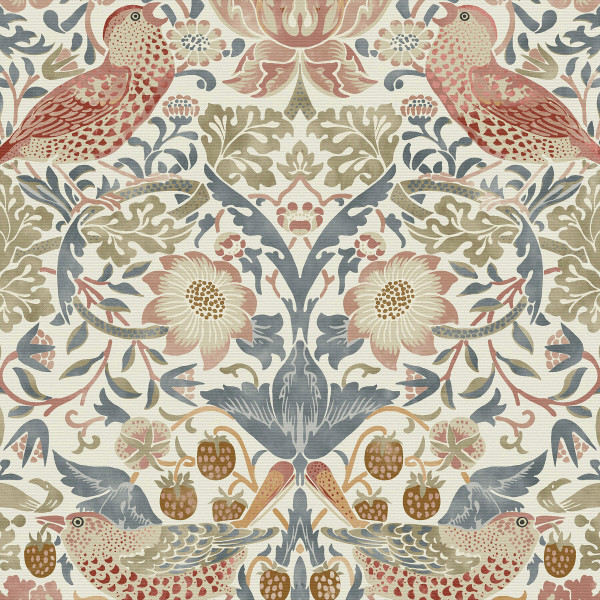 Symmetrical arrangement of stylized birds and large blooms woven into dense flowering vines on a repeating tapestry-like background; muted pink, blue, olive and beige palette evokes vintage wallpaper.