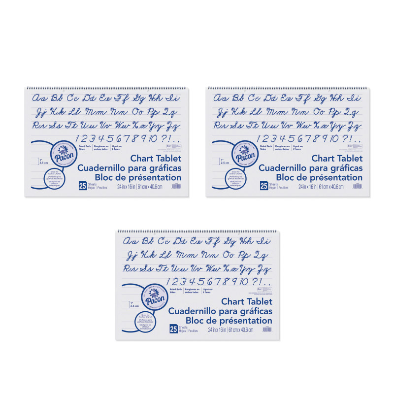 Chart Tablet, Cursive Cover, 1" Ruled, 24" x 16", 25 Sheets Per Tablet, 3 Tablets