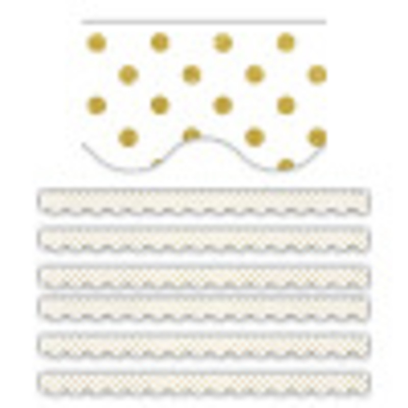White with Gold Dots Scalloped Border Trim, 35 Feet Per Pack, 6 Packs