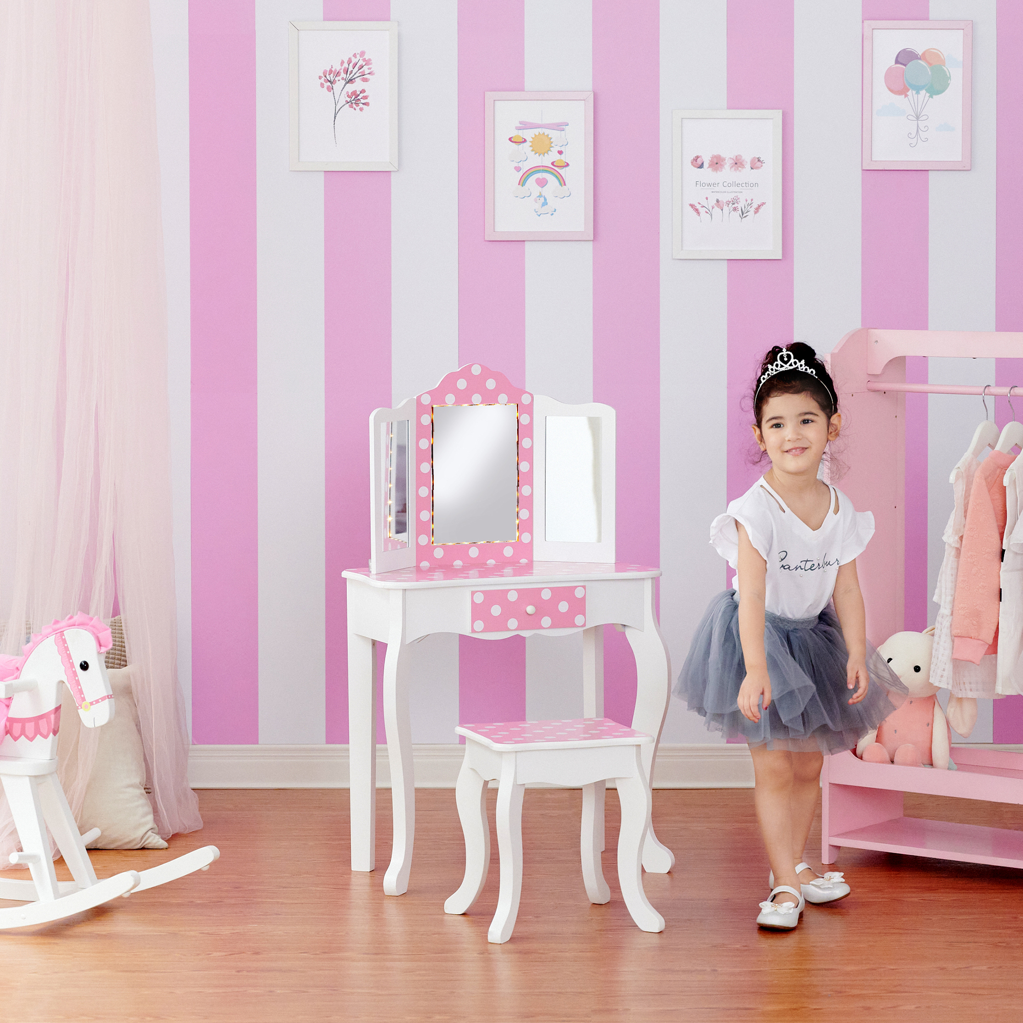 Dressing Table Vanity Set Mirror W/ LED Lights & Stool TD-11670FL by Teamson - Picture 2 of 12