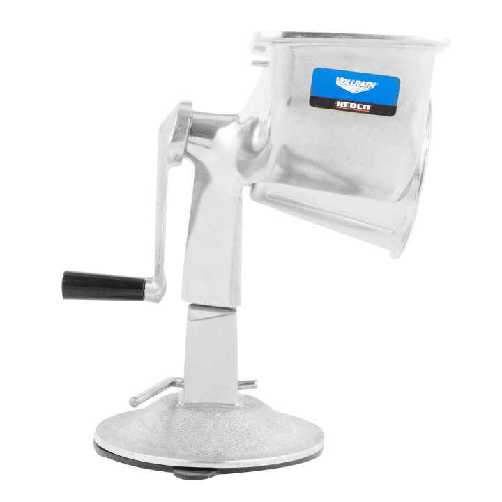 King Kutter™ manual food processor with suction cup base and shredder-cut, string-cut, and thin-slice-cut cones