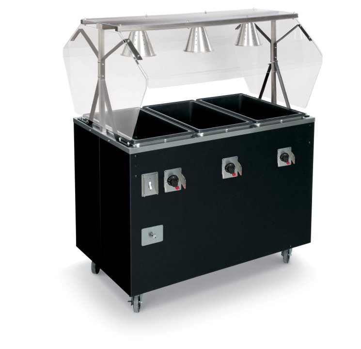 60-inch 120-volt four-well 2-Series deluxe hot-food station with black base, lighting and buffet-style breath guards