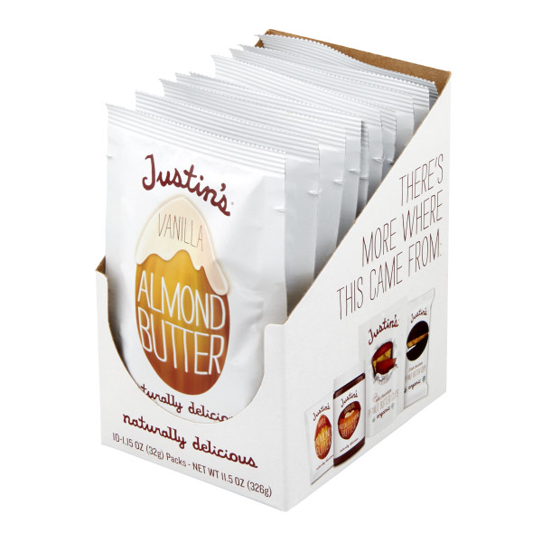 JUSTIN'S (r) Vanilla Almond Butter 1.15 oz Squeeze Packs . C1RP - Front Right Pallet/Display (Hi Res)