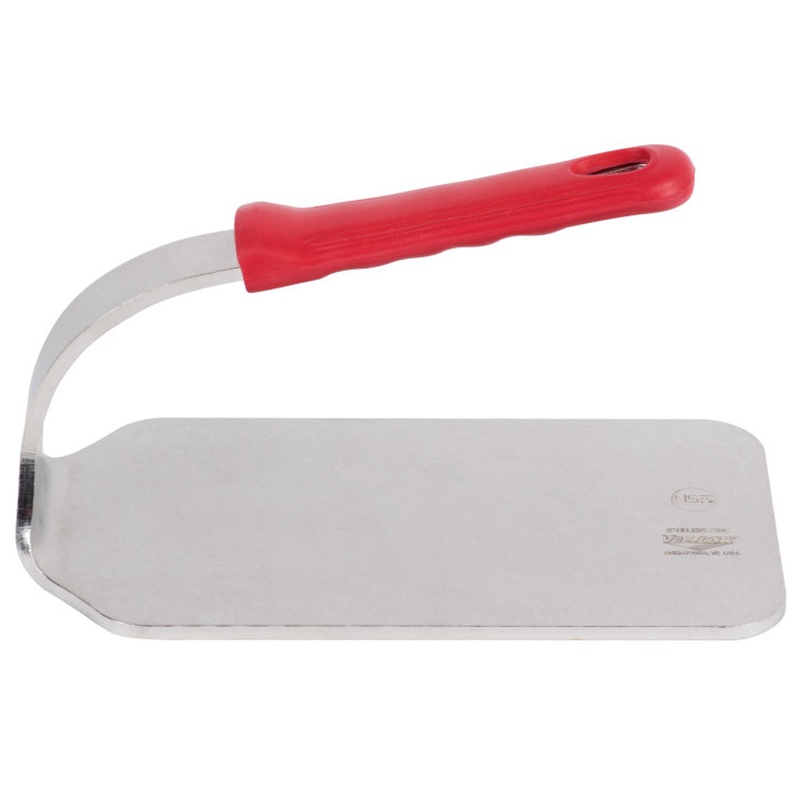 2 ½-pound flat-bottom stainless steel steak weight with red silicone handle