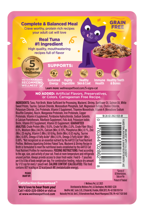 Wellness Appetizing Entrees Flaked Tuna, Mackerel & Shrimp back packaging