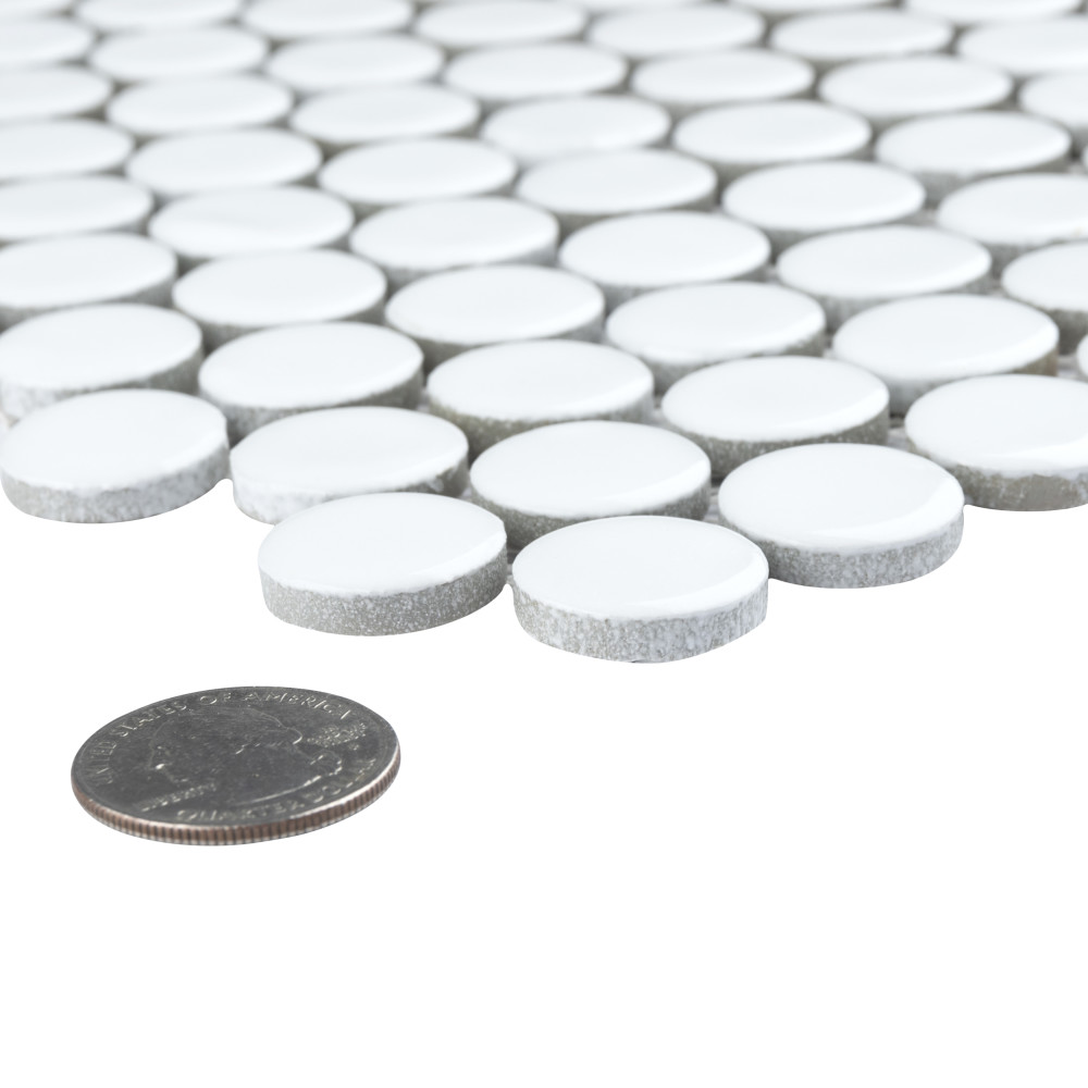 Hudson Penny Round Glossy White 11-7/8 in. x 12-5/8 in. Porcelain Mosaic Tile