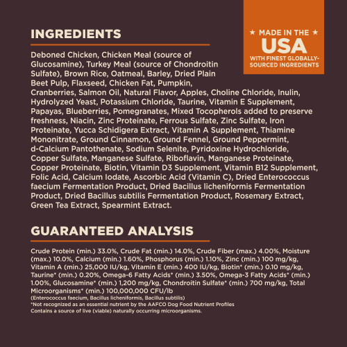 <p>Deboned Chicken, Chicken Meal (source of Glucosamine), Turkey Meal (source of Chondroitin Sulfate), Brown Rice, Oatmeal, Barley, Dried Plain Beet Pulp, Flaxseed, Chicken Fat, Pumpkin, Cranberries, Salmon Oil, Natural Flavor, Apples, Choline Chloride, Inulin, Hydrolyzed Yeast, Potassium Chloride, Taurine, Vitamin E Supplement, Papayas, Blueberries, Pomegranates, Mixed Tocopherols added to preserve freshness, Niacin, Zinc Proteinate, Ferrous Sulfate, Zinc Sulfate, Iron Proteinate, Yucca Schidigera Extract, Vitamin A Supplement, Thiamine Mononitrate, Ground Cinnamon, Ground Fennel, Ground Peppermint, d-Calcium Pantothenate, Sodium Selenite, Pyridoxine Hydrochloride, Copper Sulfate, Manganese Sulfate, Riboflavin, Manganese Proteinate, Copper Proteinate, Biotin, Vitamin D3 Supplement, Vitamin B12 Supplement, Folic Acid, Calcium Iodate, Ascorbic Acid (Vitamin C), Dried Enterococcus faecium Fermentation Product, Dried Bacillus licheniformis Fermentation Product, Dried Bacillus subtilis Fermentation Product, Rosemary Extract, Green Tea Extract, Spearmint Extract.</p>
