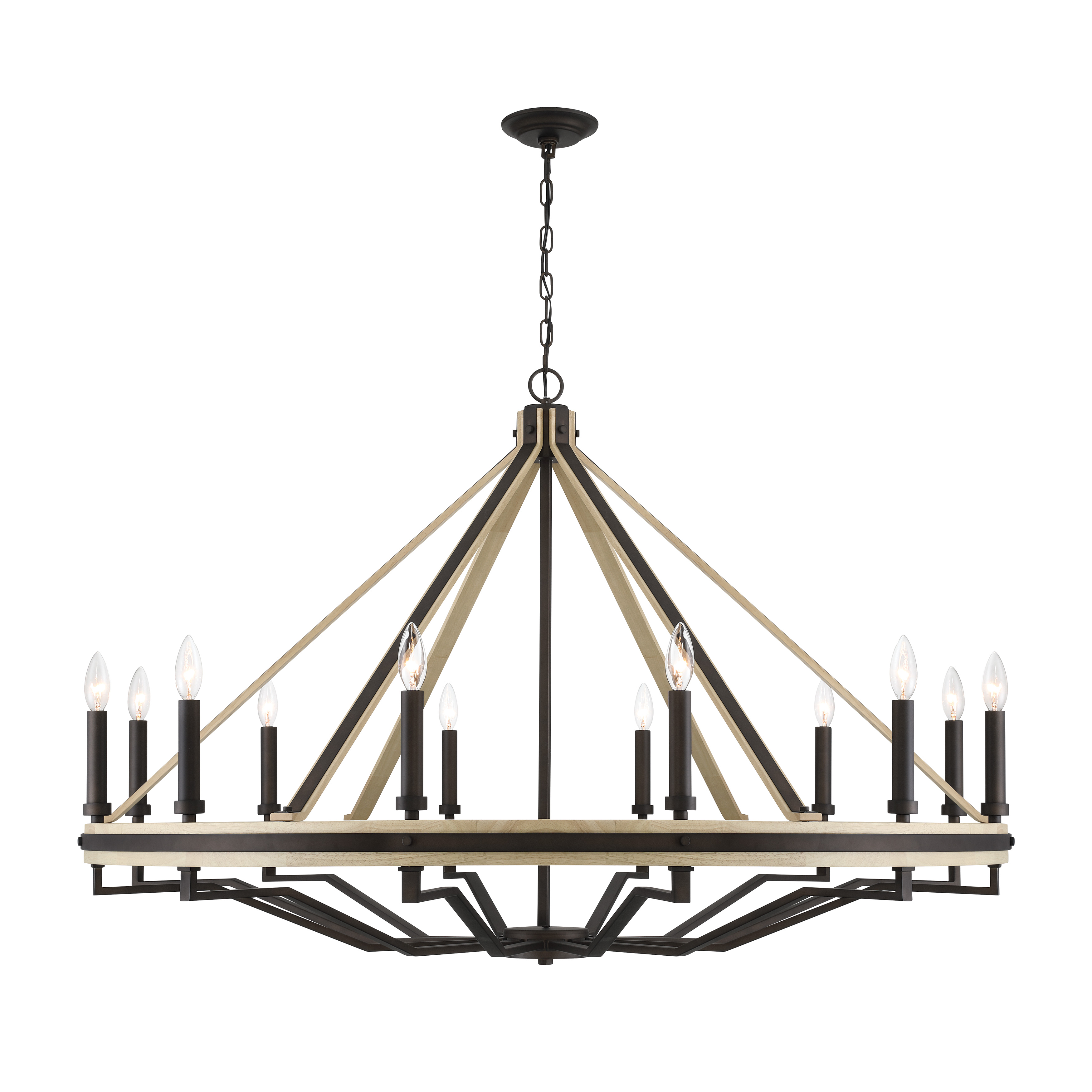 The Sonoma chandelier combines dark bronze metalwork with solid oak wood for a striking farmhouse aesthetic. Its generous 47.75-inch span makes it perfect for large dining spaces and kitchen islands, while 12 dimmable lights provide ample illumination. - alternate view